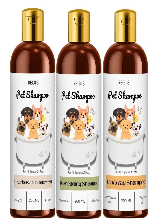 مجموعة شامبو ريجيس للحيوانات الأليفة، مجموعة غسيل الكلاب المتكاملة بتركيبات فاخرة لإزالة الشعر الزائد والحكة، 200 مل، عبوة من 3 قطع - Image 1